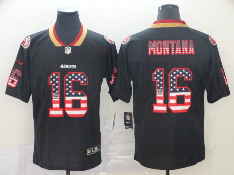 Men San Francisco 49ers 16 Montana Nike USA Flag Fashion Black Color Rush Limited NFL Jerseys